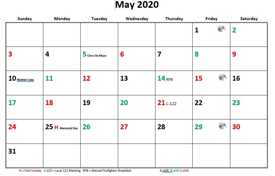 JFRD 56 Hour Firefighter Shift Calendar 2020