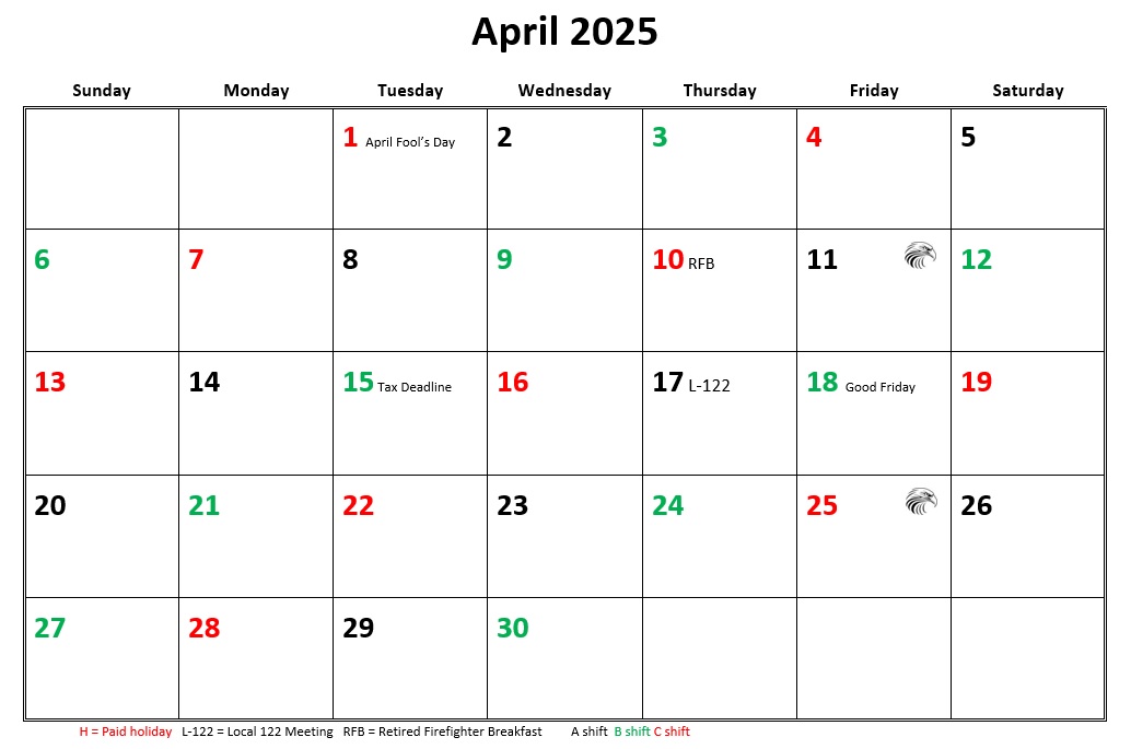 JFRD 56 Hour Firefighter Shift Calendar 2025